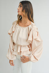 Oatmeal Lace-up Keyhole Back Ruffled Peplum Blouse Blouses & Shirts JT's Designer Fashion