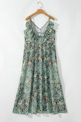 Green Floral Print V Neck Ruffled Trim Backless Tassel Waist Maxi Dress Floral Dresses JT's Designer Fashion