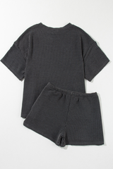 Carbon Grey Sequin Heifer Patched 2pcs Twisted Ribbed Casual Short Set Graphic Sets JT's Designer Fashion