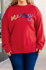 Fiery Red Tinsel merry Pattern Drop Shoulder Plus Size Sweater Plus Size Sweaters & Cardigans JT's Designer Fashion