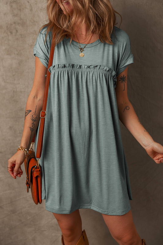 Mist Green Frilled Gathered Seam Round Neck T Shirt Dress Mist Green 65%Polyester+30%Viscose+5%Elastane T Shirt Dresses JT's Designer Fashion