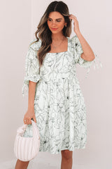 Beige Floral Print Square Neck Shirred Back Puff Sleeve Mini Dress Floral Dresses JT's Designer Fashion