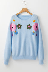 Light Blue Knitted Flower Pattern Ribbed Edge Sweater Sweaters JT's Designer Fashion