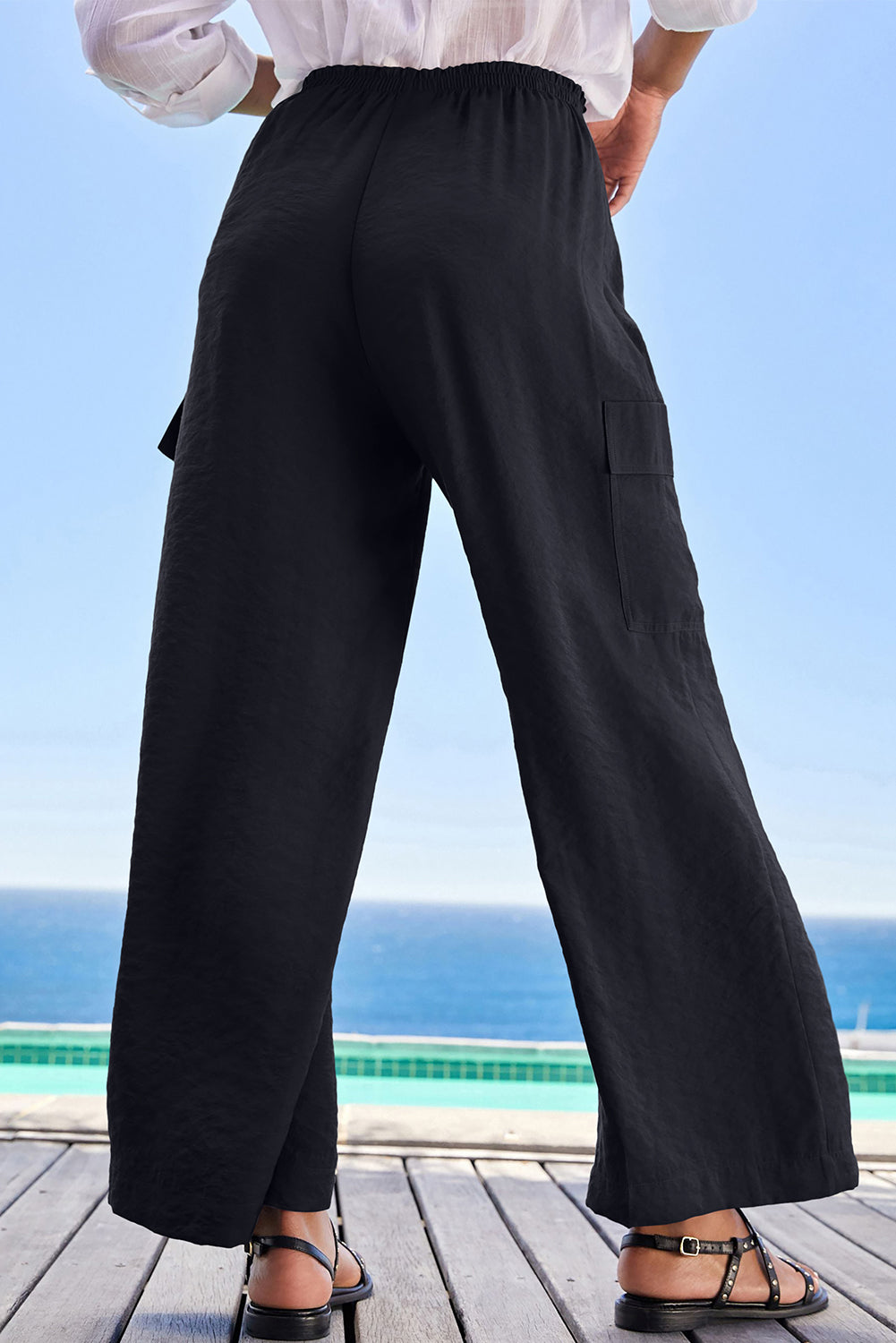 Black Drawstring Frilled Waist Wide Leg Utility Trousers Pants & Culotte JT's Designer Fashion