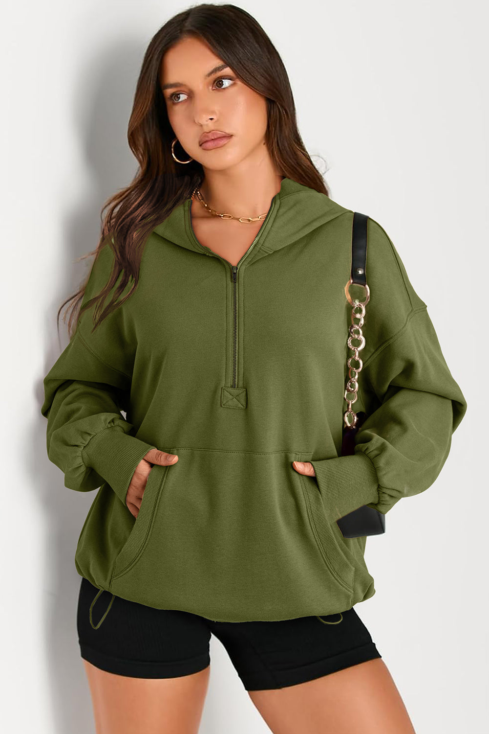 Moss Green Solid Kangaroo Pocket Half Zipper Oversized Hoodie Sweatshirts & Hoodies JT's Designer Fashion