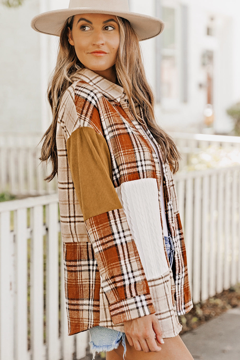 Orange Plaid Color Block Patchwork Shirt Jacket with Pocket Plaid Shackets JT's Designer Fashion