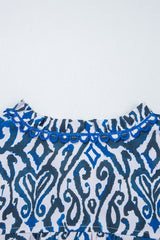 Blue Bohemian Print Embroidered V Neckline Detail Long Sleeve Shirt Blouses & Shirts JT's Designer Fashion