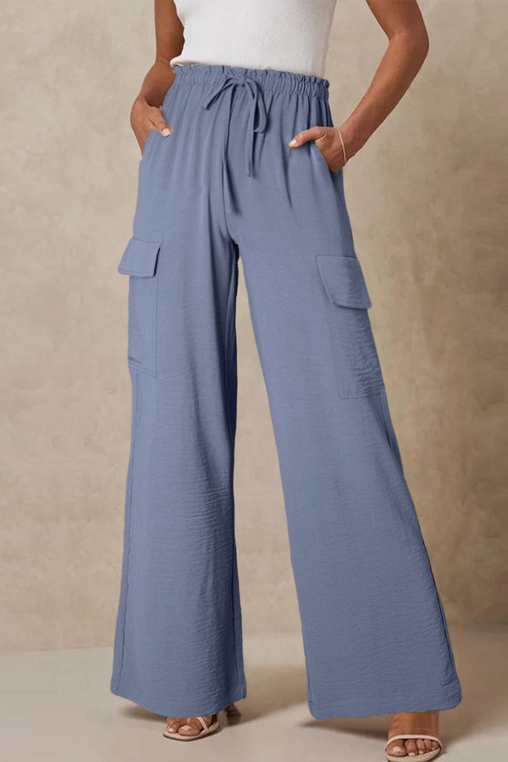 Dark Grey Drawstring Frilled Waist Wide Leg Utility Trousers Pants & Culotte JT's Designer Fashion