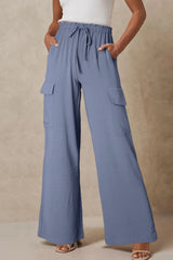Dark Grey Drawstring Frilled Waist Wide Leg Utility Trousers Pants & Culotte JT's Designer Fashion