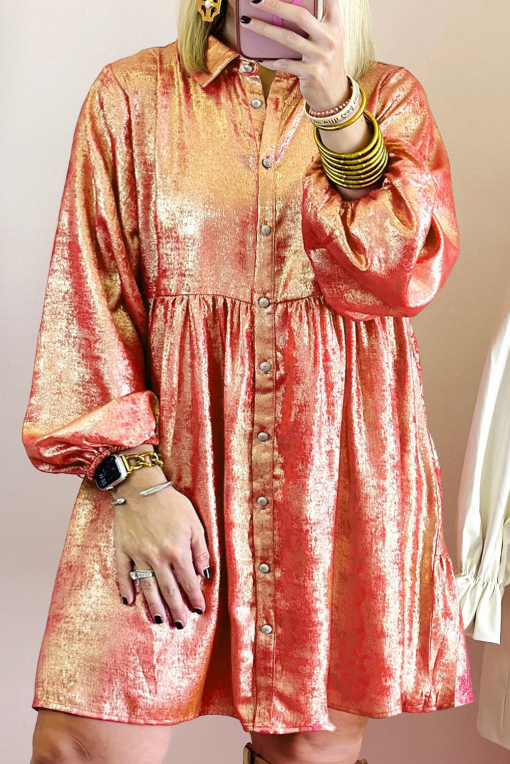 Peach Blossom Metallic Balloon Sleeve Shirt Plus Size Mini Dress Plus Size Mini Dresses JT's Designer Fashion