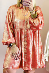 Peach Blossom Metallic Balloon Sleeve Shirt Plus Size Mini Dress Plus Size Mini Dresses JT's Designer Fashion