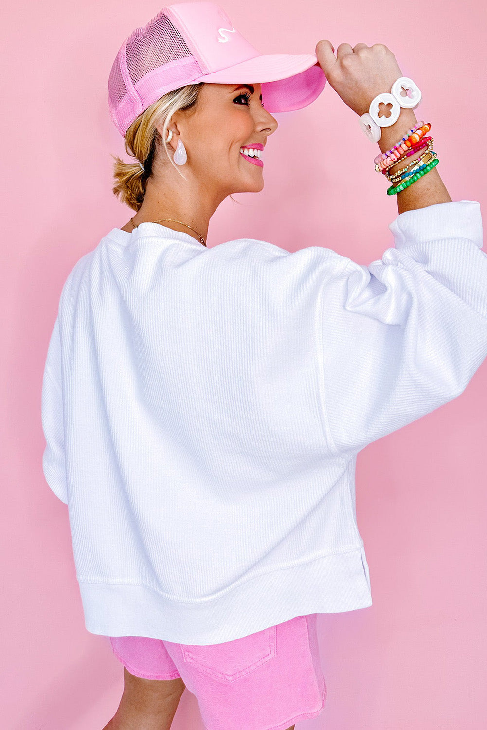 White Bowknot Pattern Corded Long Sleeve Drop Shoulder Top Long Sleeve Tops JT's Designer Fashion