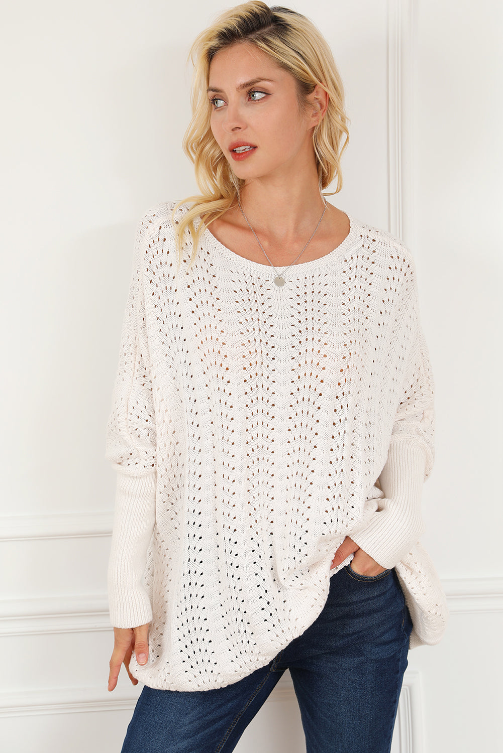 Beige Ribbed Hollow Knit Dolman Sleeve Sweater Sweaters & Cardigans JT's Designer Fashion