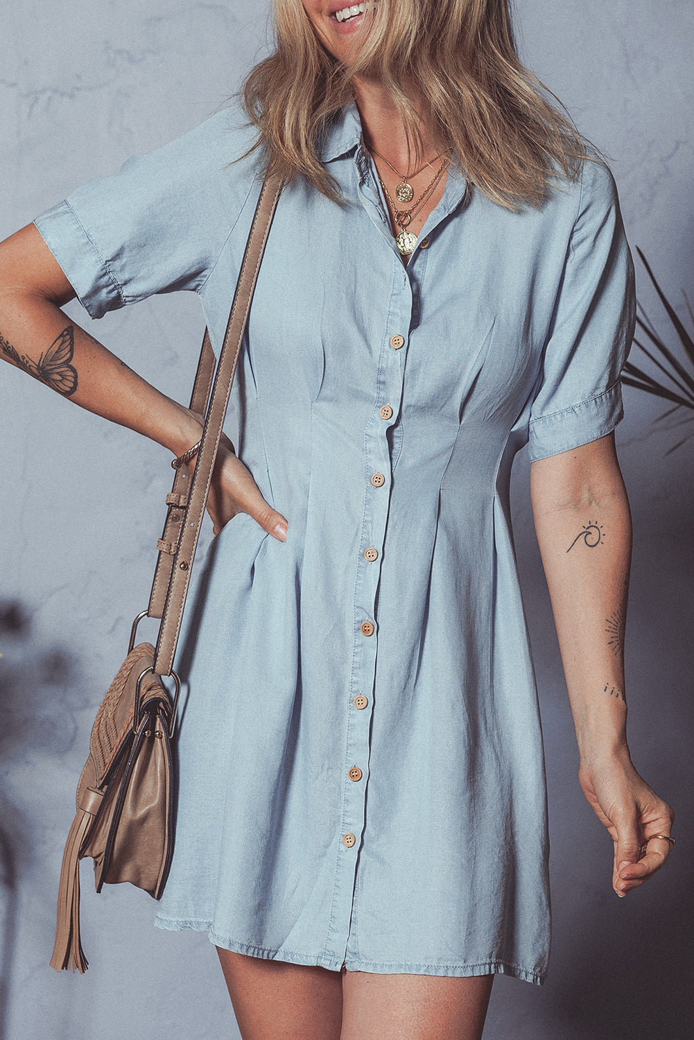 Myosotis Denim Pleated Slim Waist Short Sleeve Shirt Dress Dresses JT's Designer Fashion