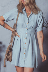 Myosotis Denim Pleated Slim Waist Short Sleeve Shirt Dress Dresses JT's Designer Fashion