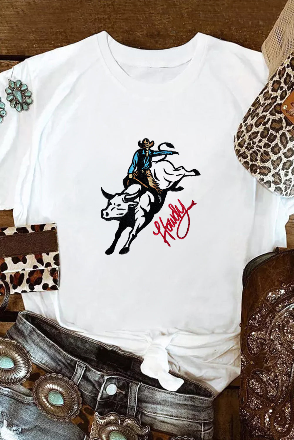 White Cowboy Howdy Embroidered Western Fashion T Shirt Graphic Tees JT's Designer Fashion