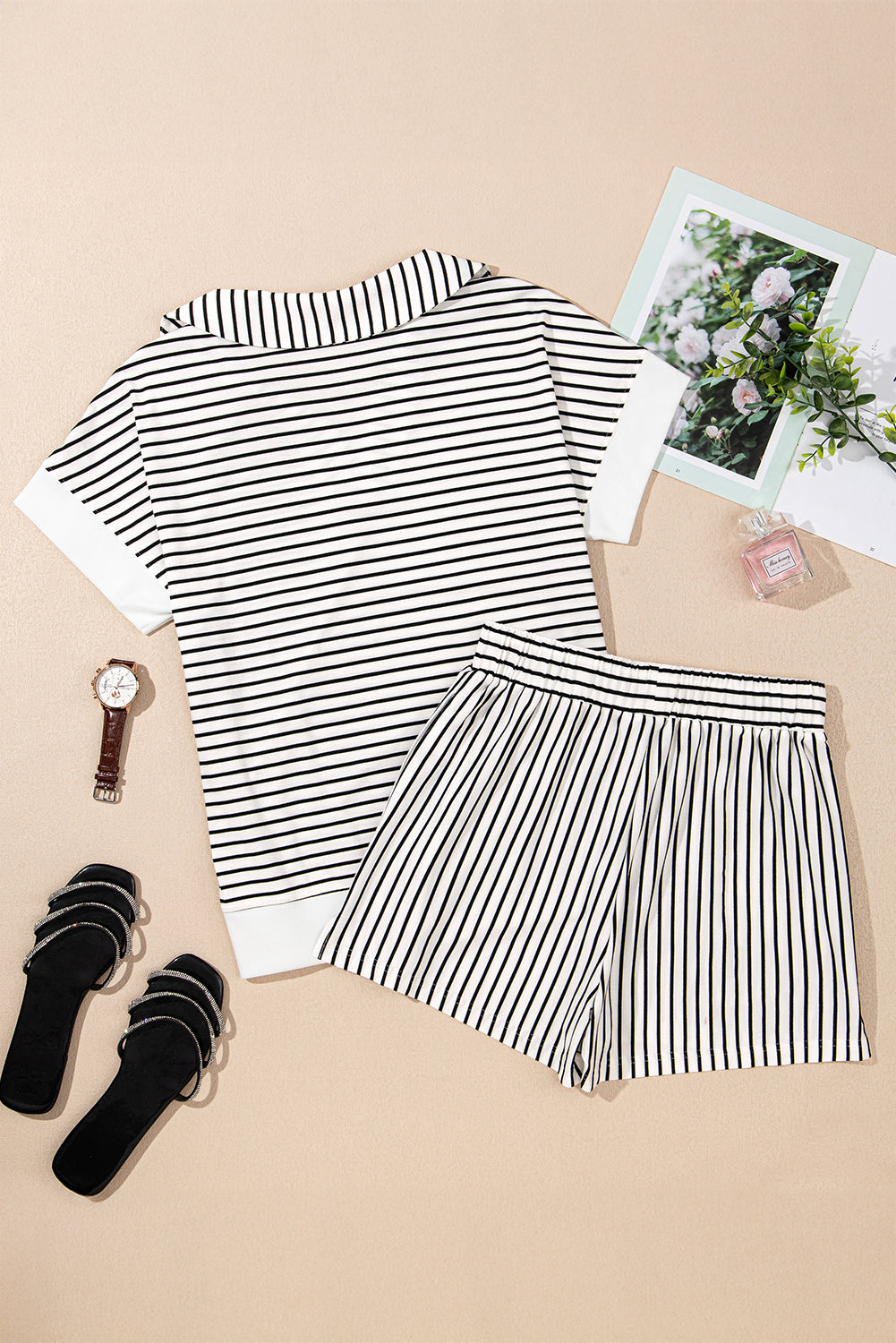 Black Stripe V Neck Tee and Casual Short Set Short Sets JT's Designer Fashion