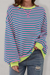 Green Stripe Oversized Contrast Trim Pullover Sweatshirt Sweatshirts & Hoodies JT's Designer Fashion