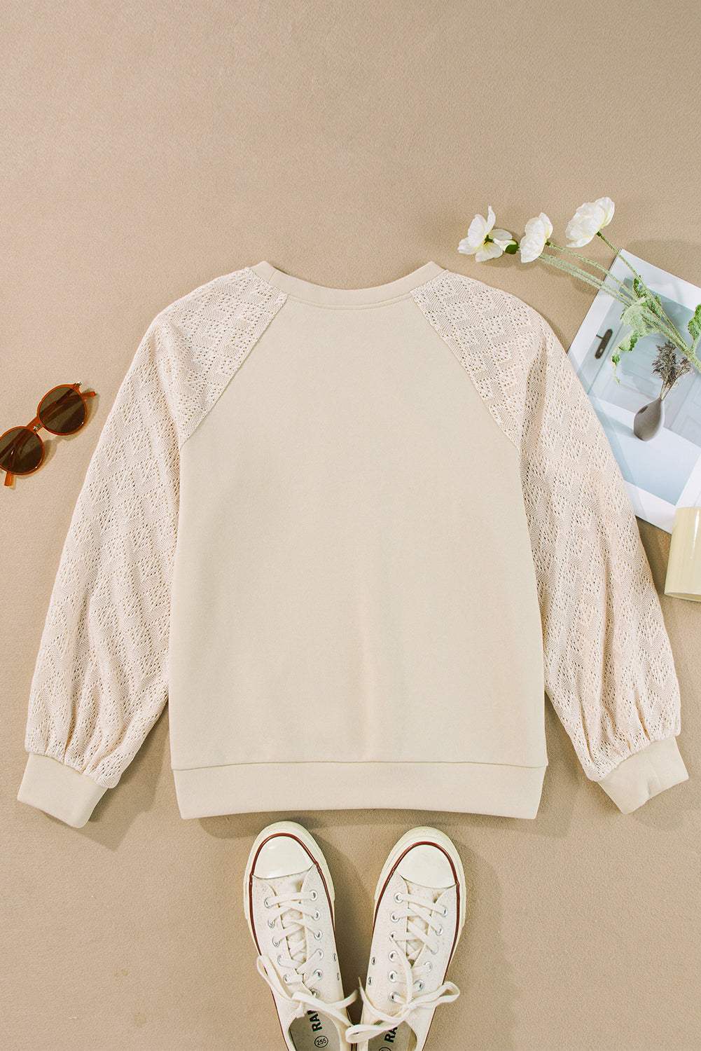 Parchment Eyelet Knit Patchwork Raglan Sleeve Pullover Top Sweatshirts & Hoodies JT's Designer Fashion