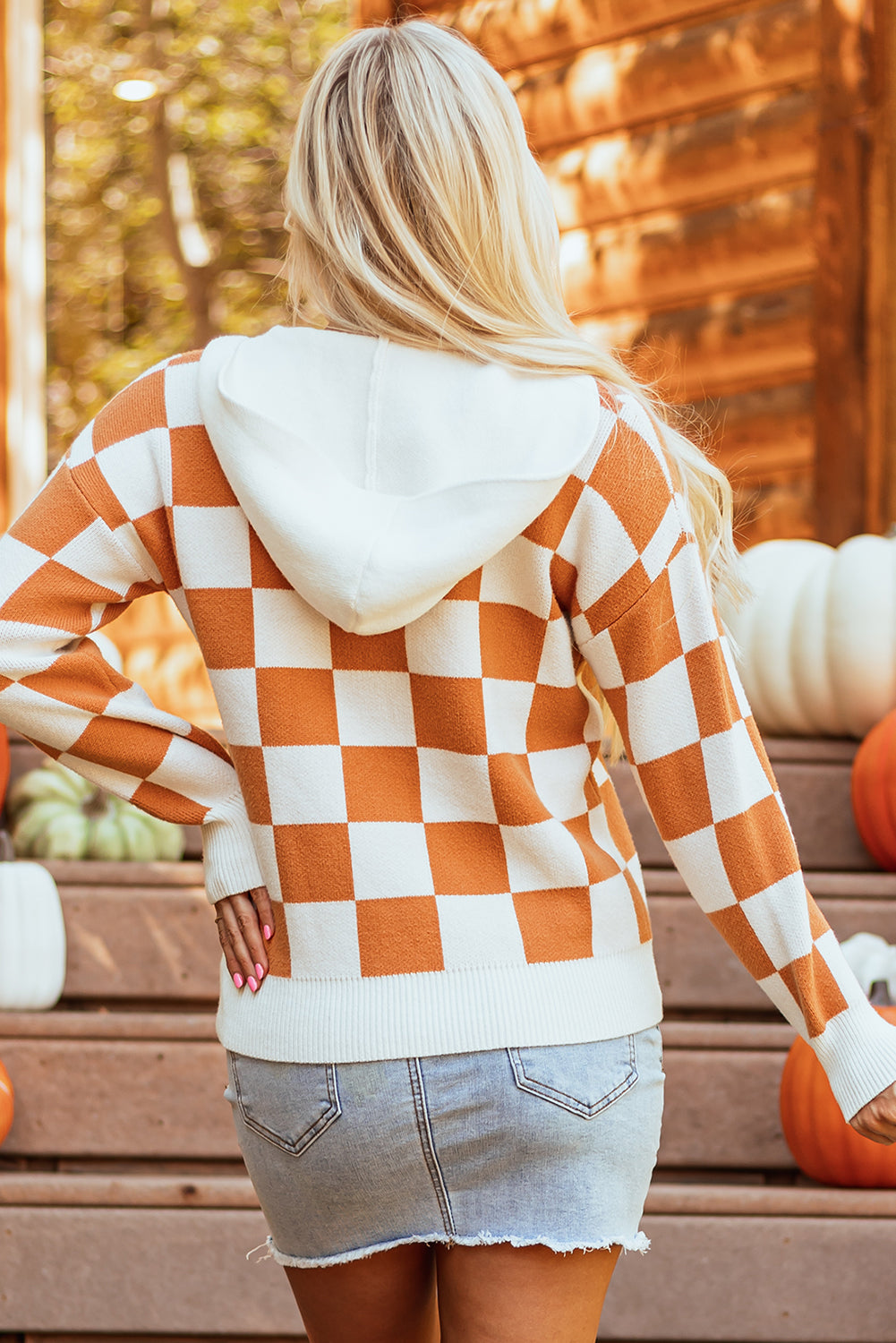 Gold Flame Checkered Split Neck Contrast Kangaroo Pocket Hooded Sweater Sweaters JT's Designer Fashion