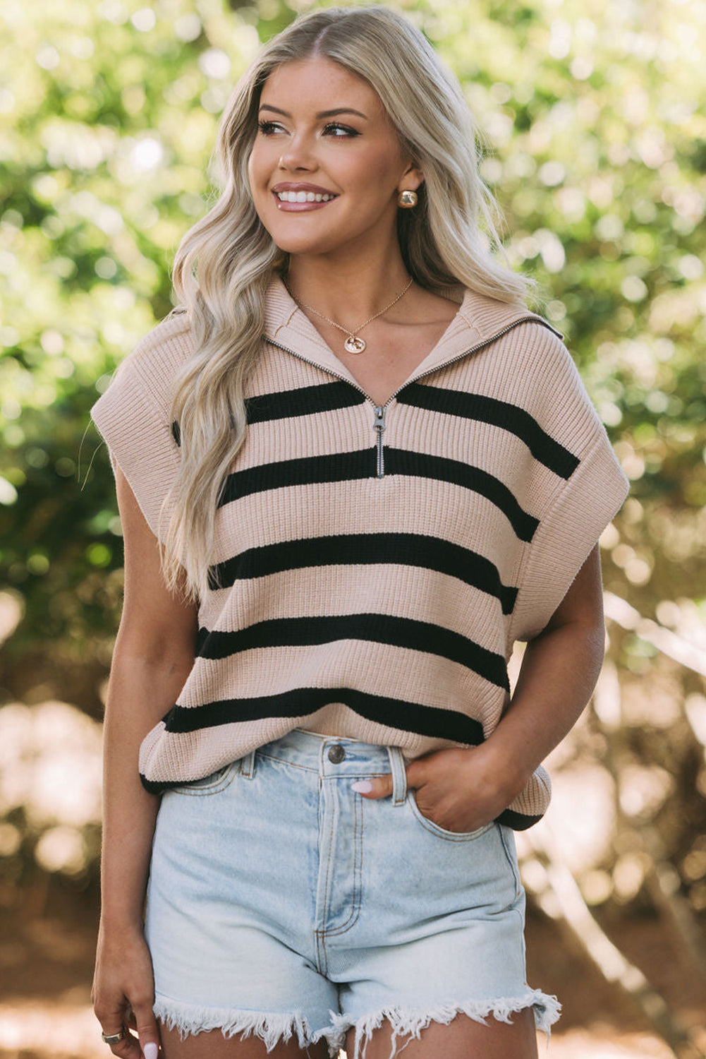 Khaki Stripe Zipped Collar Short Sleeve Sweater Top Sweaters & Cardigans JT's Designer Fashion