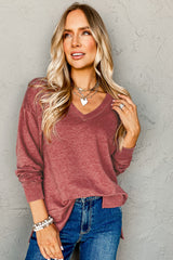 Racing Red Side Slits V Neck Loose Fit Tunic Top Long Sleeve Tops JT's Designer Fashion
