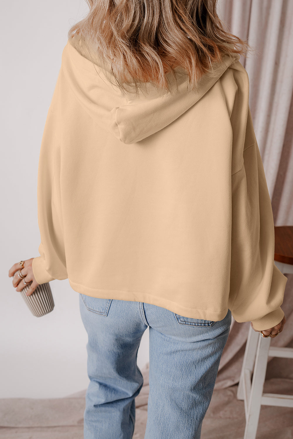 Parchment Fleece Lined Half Zipper Kangaroo Pockets Loose Hoodie Sweatshirts & Hoodies JT's Designer Fashion