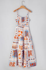 Orange Multi Printed Ricrac Trim Spaghetti Straps Long Dress Maxi Dresses JT's Designer Fashion