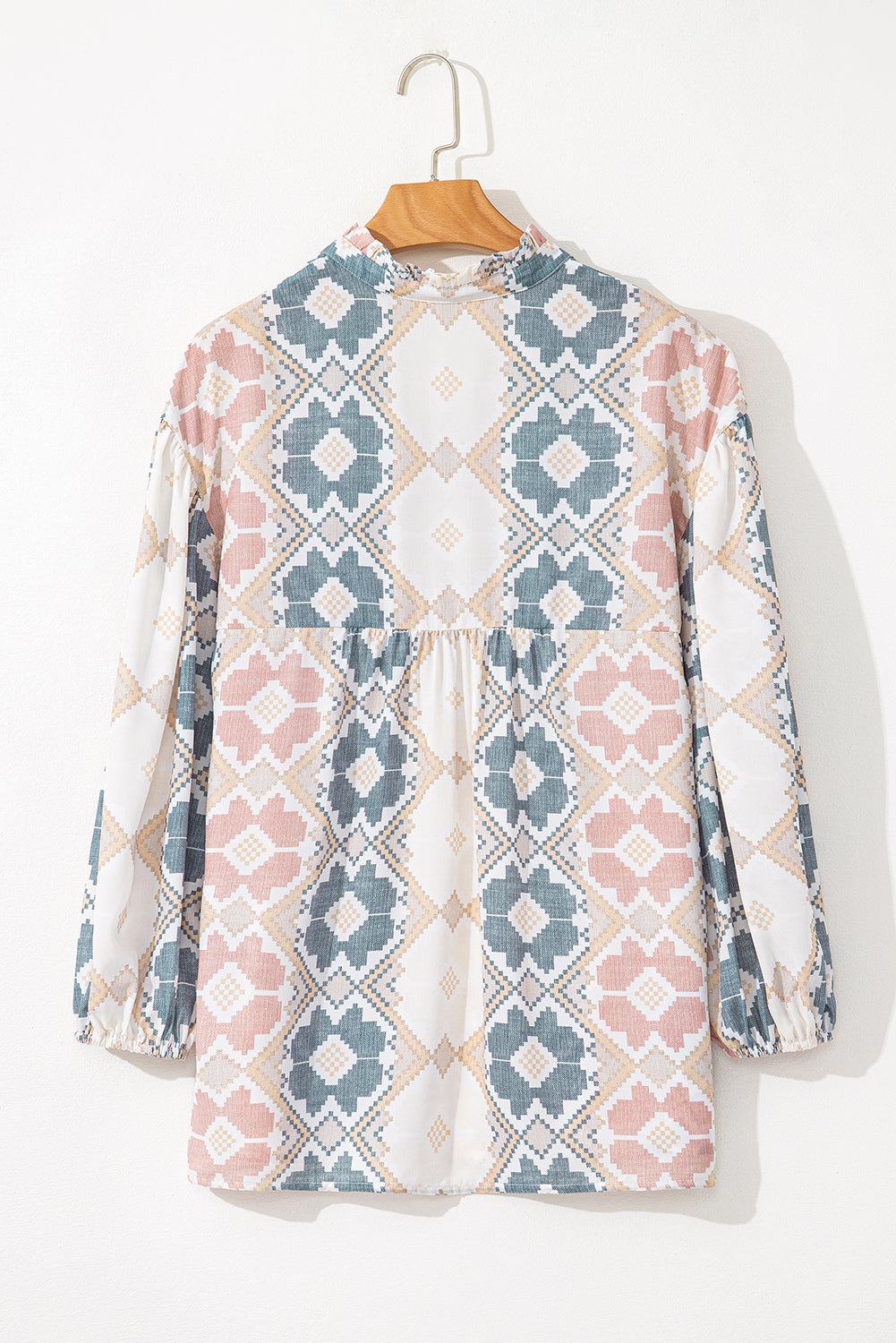 Khaki Geometric Print Tassel Tie Split Neck Balloon Sleeve Blouse Blouses & Shirts JT's Designer Fashion