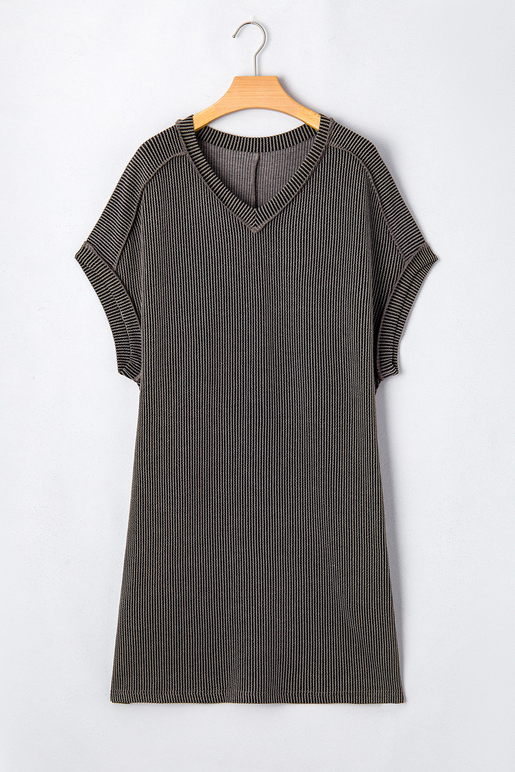 Carbon Grey Corded V Neck Plus Size T Shirt Dress with Pockets Plus Size Mini Dresses JT's Designer Fashion
