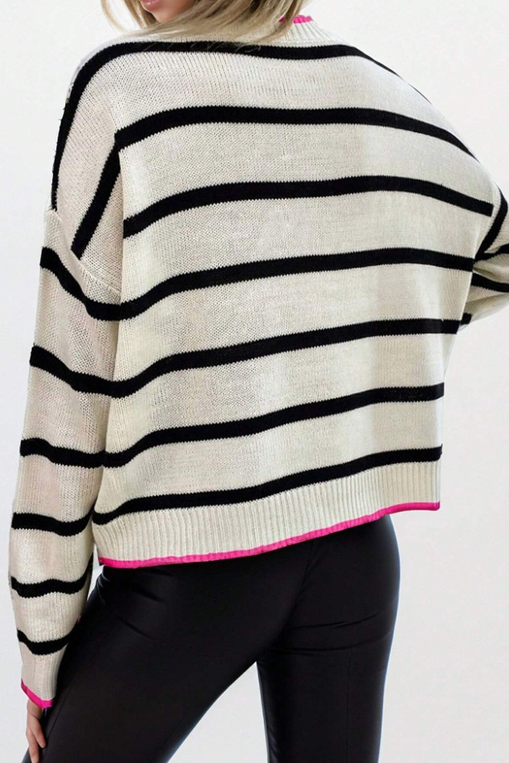 White Stripe Color Contrast Drop Shoulder Crew Neck Sweater Sweaters JT's Designer Fashion
