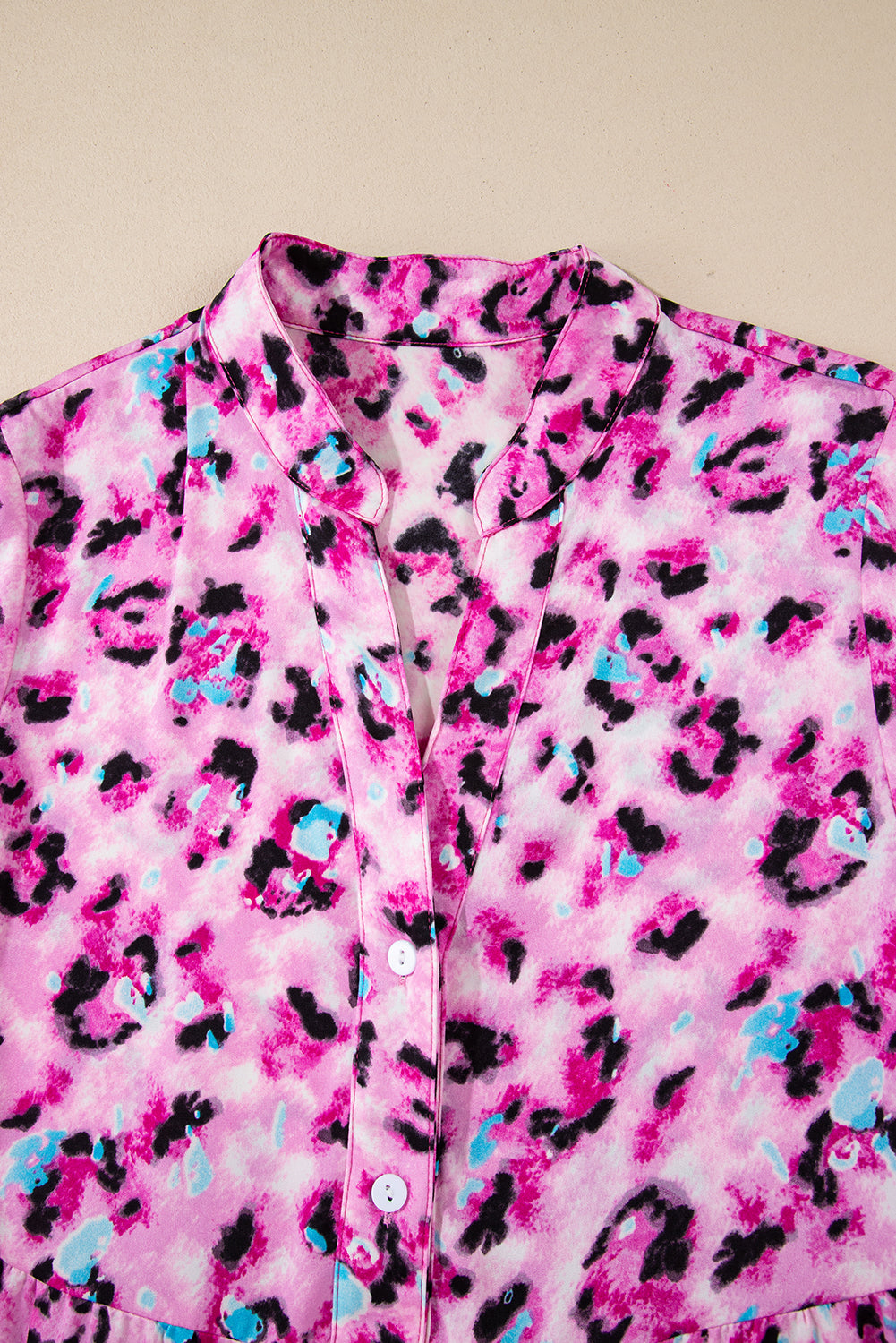 Rose Leopard Print Buttoned Front 3/4 Sleeve Tiered Ruffled Hem Dress Mini Dresses JT's Designer Fashion