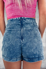 Sail Blue Acid Wash Asymmetric Twisted Wrapped Zipped Denim Skort Denim Shorts JT's Designer Fashion