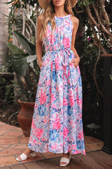 Sky Blue Floral Printed Sleeveless O Neck Knot Waist Maxi Dress Floral Dresses JT's Designer Fashion