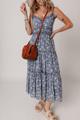 Blue Floral Spaghetti Strap Frilled V Neck Tiered Midi Dress Midi Dresses JT's Designer Fashion