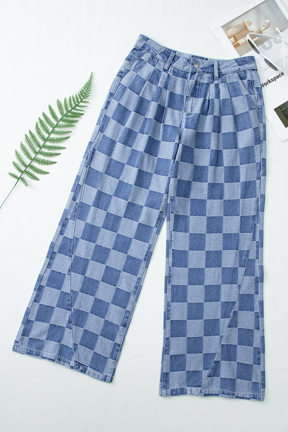 Dusk Blue Checkered Denim Wide Leg Jeans Jeans JT's Designer Fashion