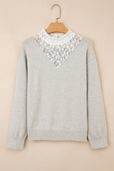 Light Grey Button Keyhole Lace Patchwork Drop Shoulder Sweater Sweaters JT's Designer Fashion
