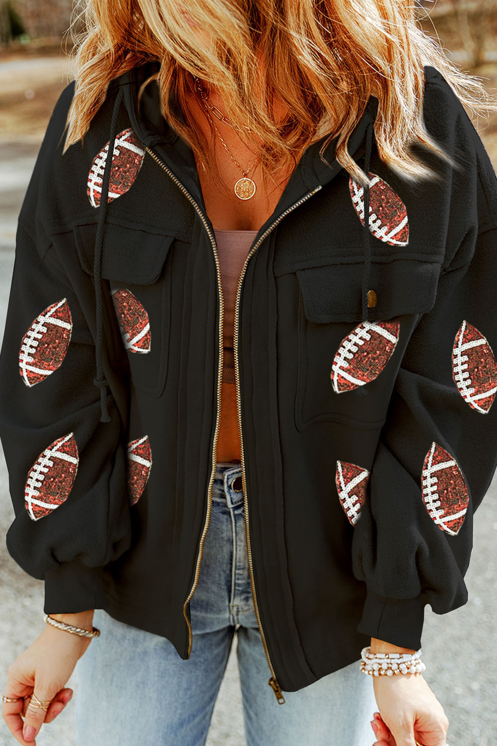 Black Sequined Rugby Football Pattern Pocketed Zipper Hooded Jacket Jackets JT's Designer Fashion