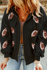 Black Sequined Rugby Football Pattern Pocketed Zipper Hooded Jacket Jackets JT's Designer Fashion