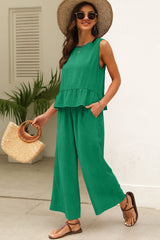 Green Solid Color Ribbed Ruffle Tank Top and Pants Set Pant Sets JT's Designer Fashion