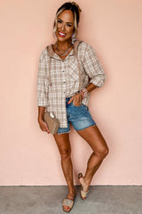 Khaki Checkered Print Loose Fit Buttoned Hooded Shacket Plaid Shackets JT's Designer Fashion