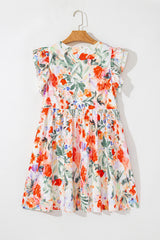 Pink Floral Double Ruffle Sleeve V Neck High Waist Mini Dress Floral Dresses JT's Designer Fashion