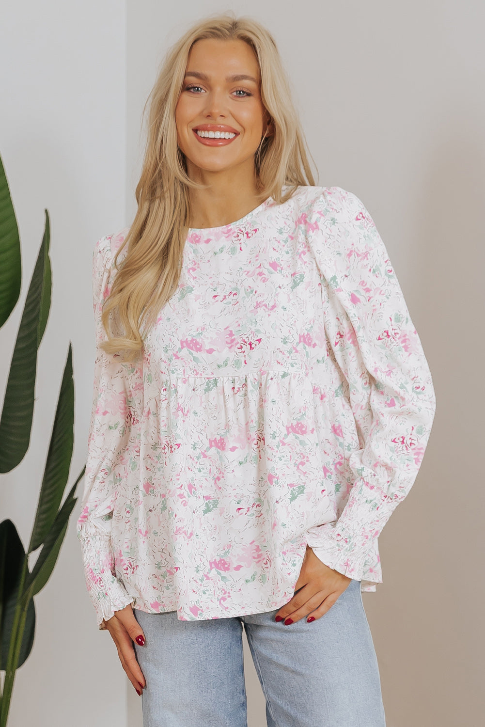 Pink Floral Print Shirred Balloon Sleeve Keyhole Back Babydoll Blouse Blouses & Shirts JT's Designer Fashion