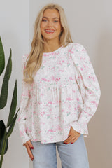 Pink Floral Print Shirred Balloon Sleeve Keyhole Back Babydoll Blouse Blouses & Shirts JT's Designer Fashion
