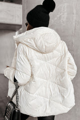 White Solid Quilted Hooded Zip Up Puffer Coat Jackets JT's Designer Fashion
