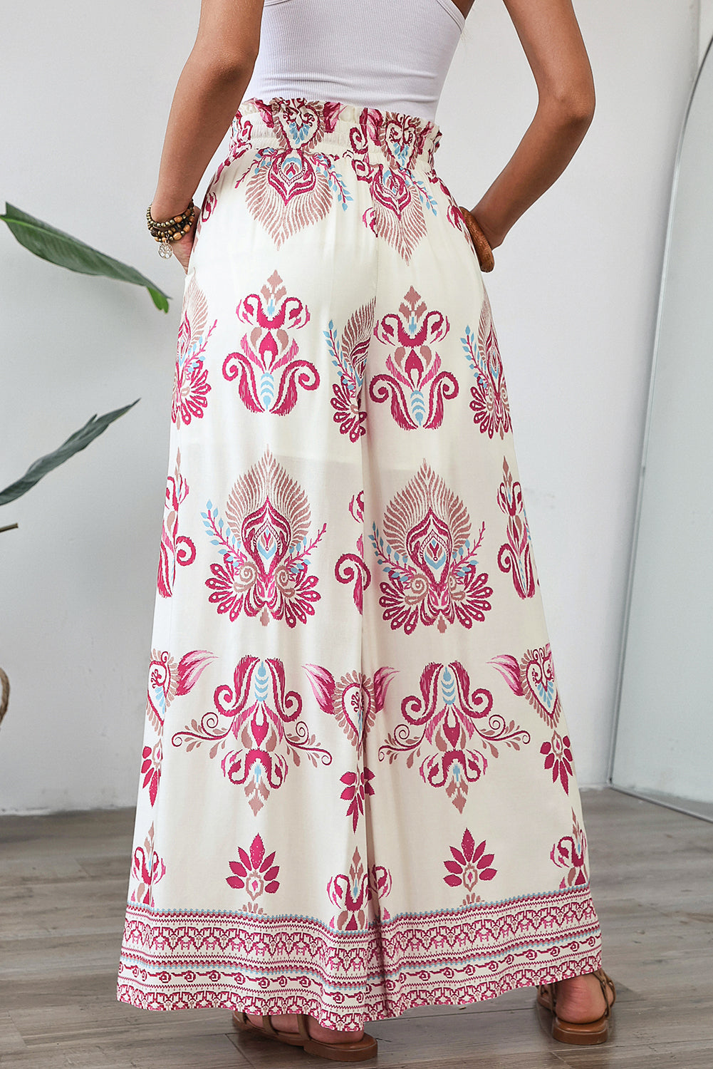 Rose Boho Printed Shirred High Waist Flowy Wide Leg Pants Pants & Culotte JT's Designer Fashion