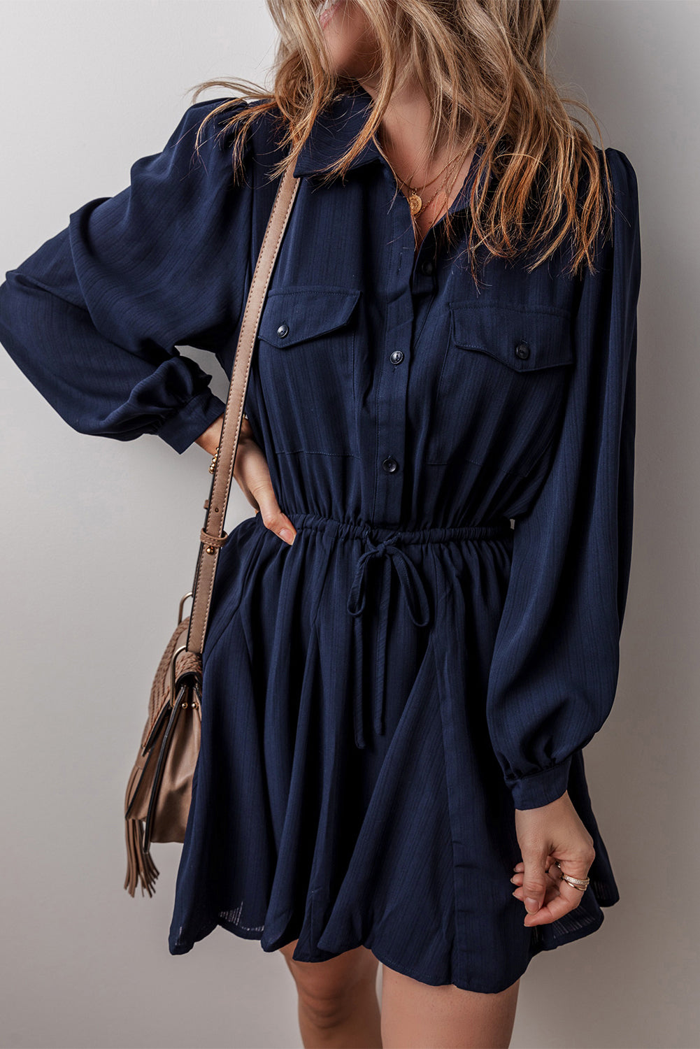 Navy Blue Solid Chest Pockets Tunic Shirt Mini Dress Mini Dresses JT's Designer Fashion