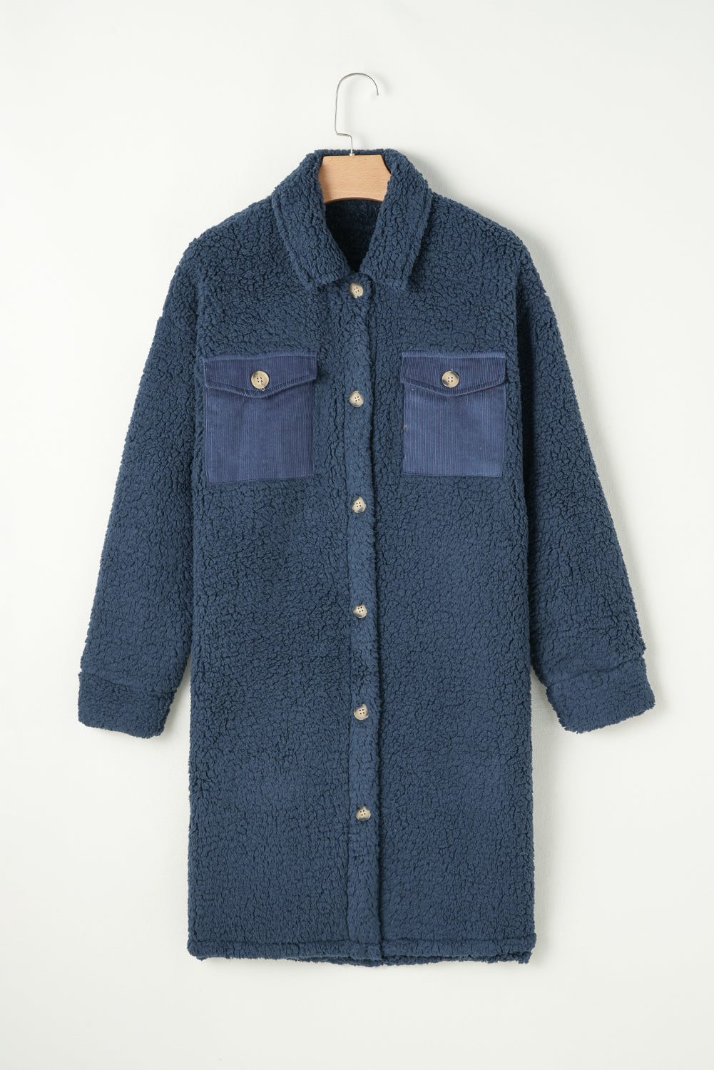 Blue Contrast Flap Pocket Single Breasted Teddy Coat Coats JT's Designer Fashion