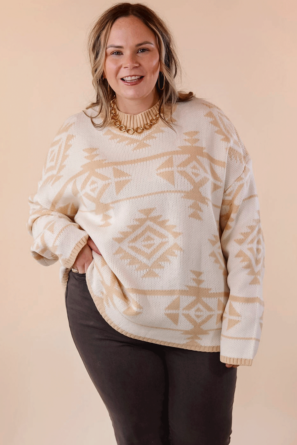 Apricot Plus Size Western Aztec Print Loose Sweater Plus Size Sweaters & Cardigans JT's Designer Fashion