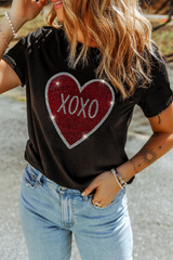 Black Rhinestone XOXO Heart Graphic Crewneck Tee Graphic Tees JT's Designer Fashion